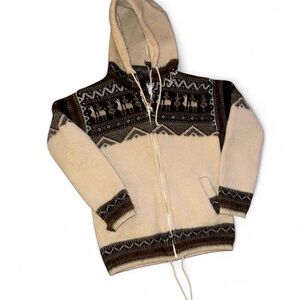 Handmade Alpaca Artesanias Tuntaquimba Cream and brown wool zip up hoodie